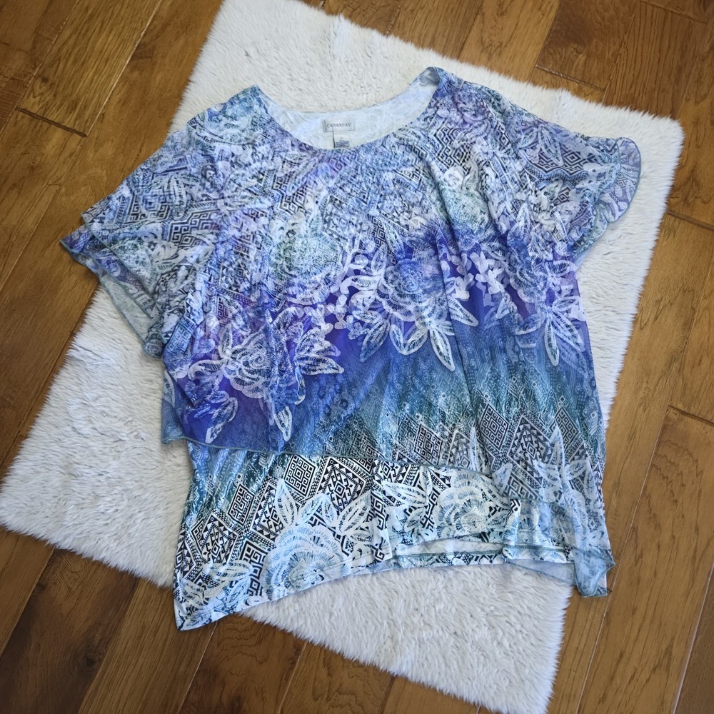 Catherines Layered Blouse Top Shirt Women's Plus 5X Floral Lace Purple Blue